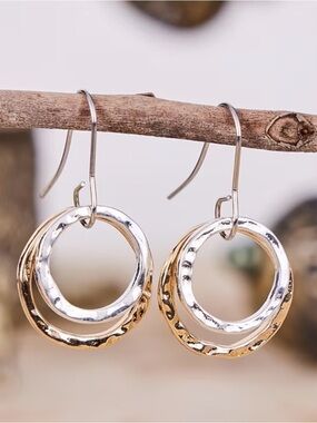 Two-Tone Silver and Gold Hammered Circle Drop Earrings - Women Jewelry